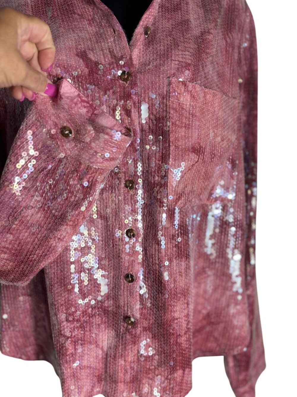 Anthropologie Pilcro Pink Sequin Button-Up Blouse Top Long Sleeves Size Large - Picture 4 of 16